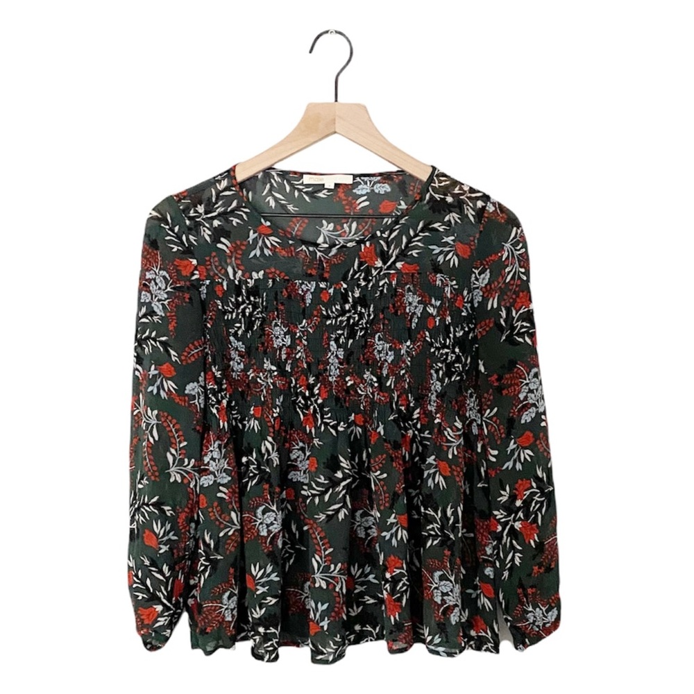 Maje Paris Lo Fleur Crepe Georgette Top Green Floral Sheer Smocked Blouse - Picture 2 of 10